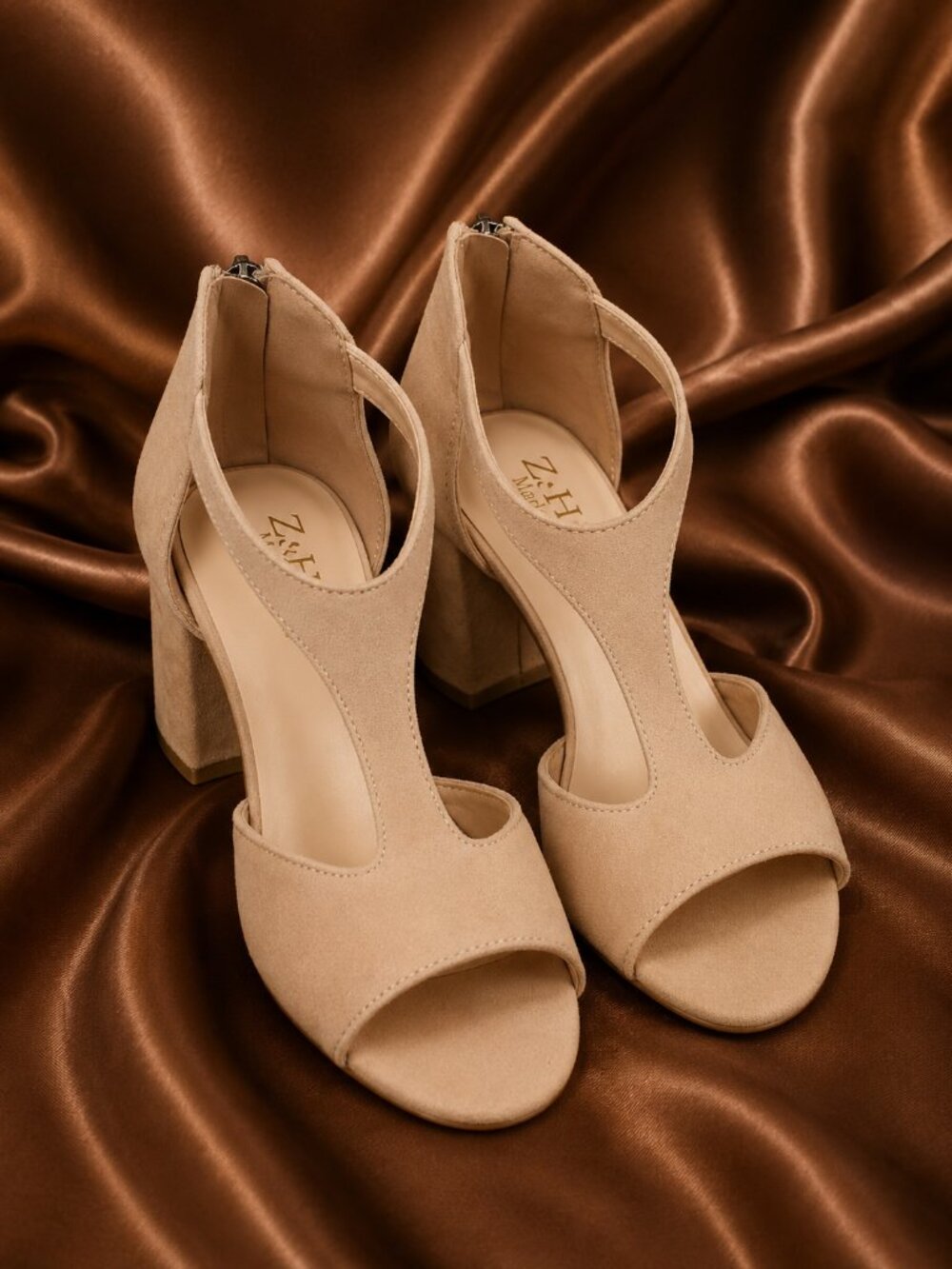 Nude Suede T-Strap Block Heel Sandals - Picture 3 of 13